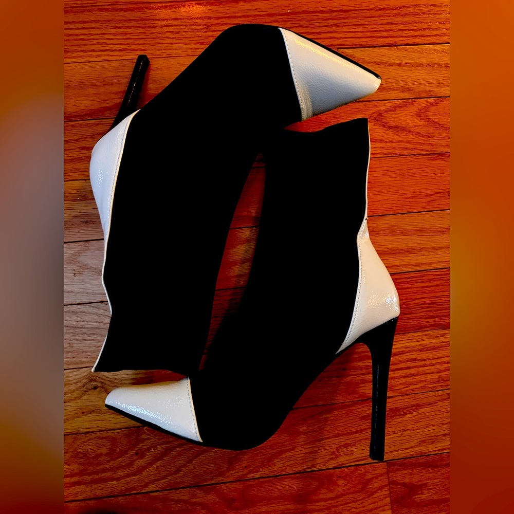 Black and White stretch material and man made material stiletto booties